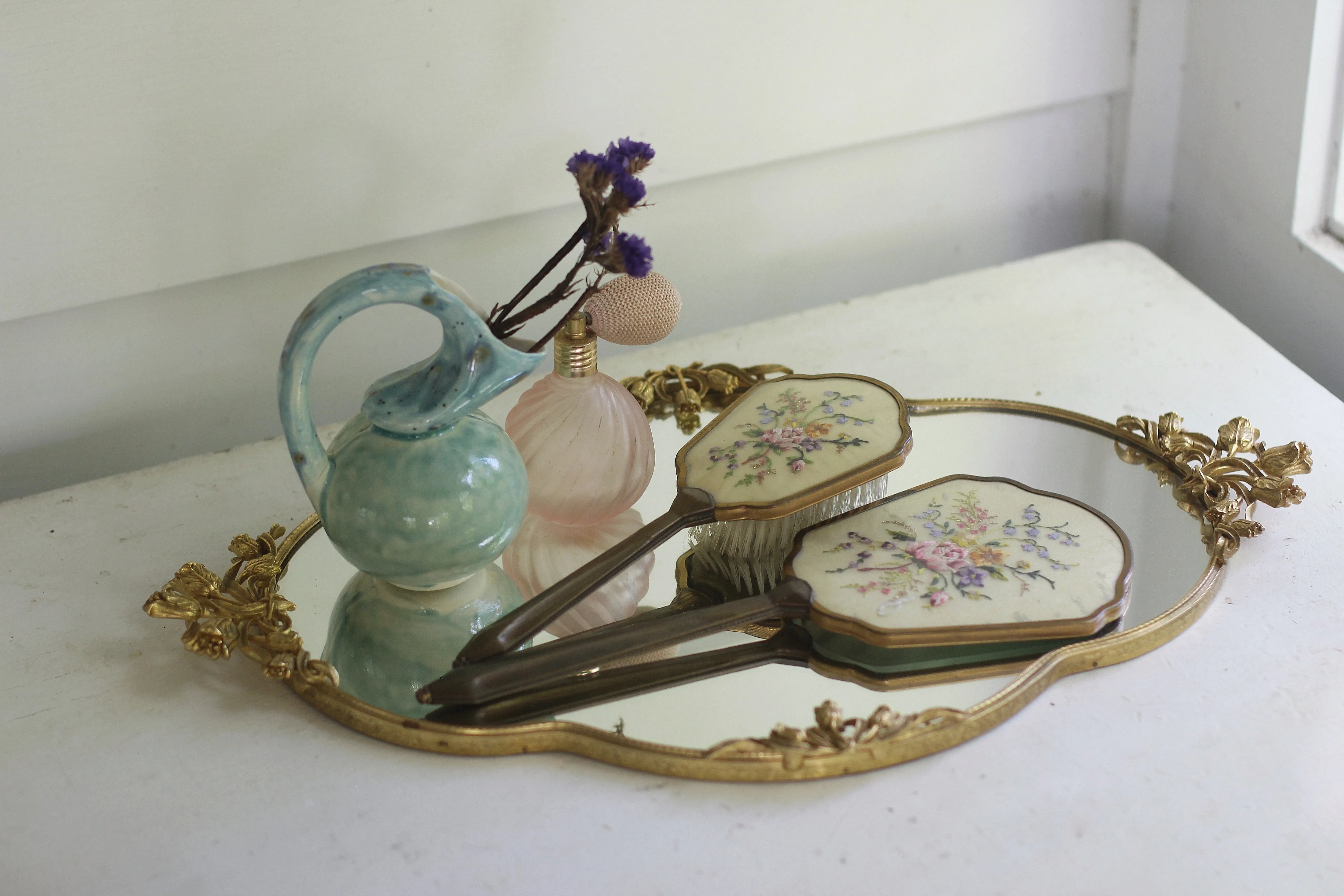 Antique Floral Needlepoint Vanity Set