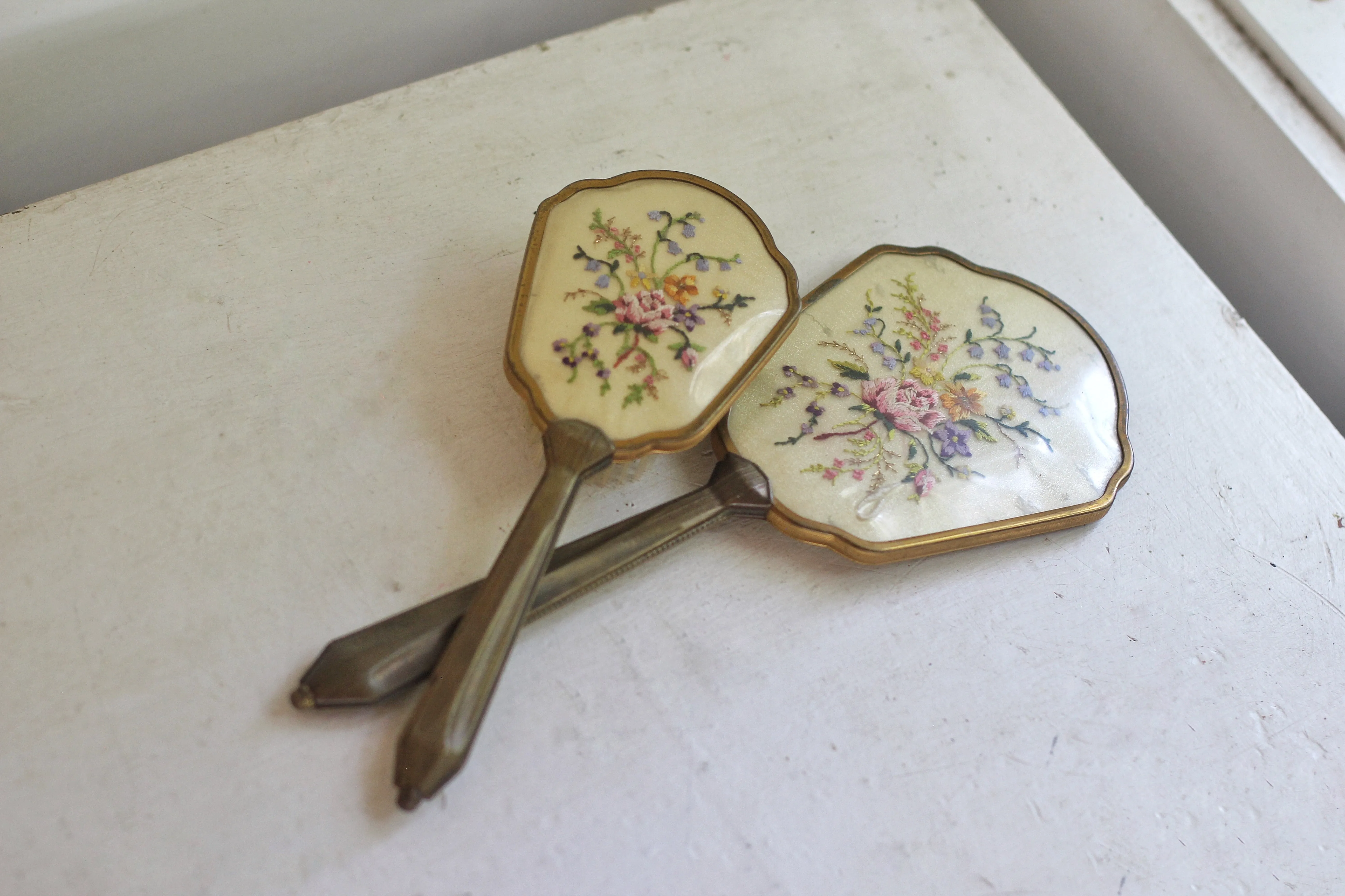 Antique Floral Needlepoint Vanity Set