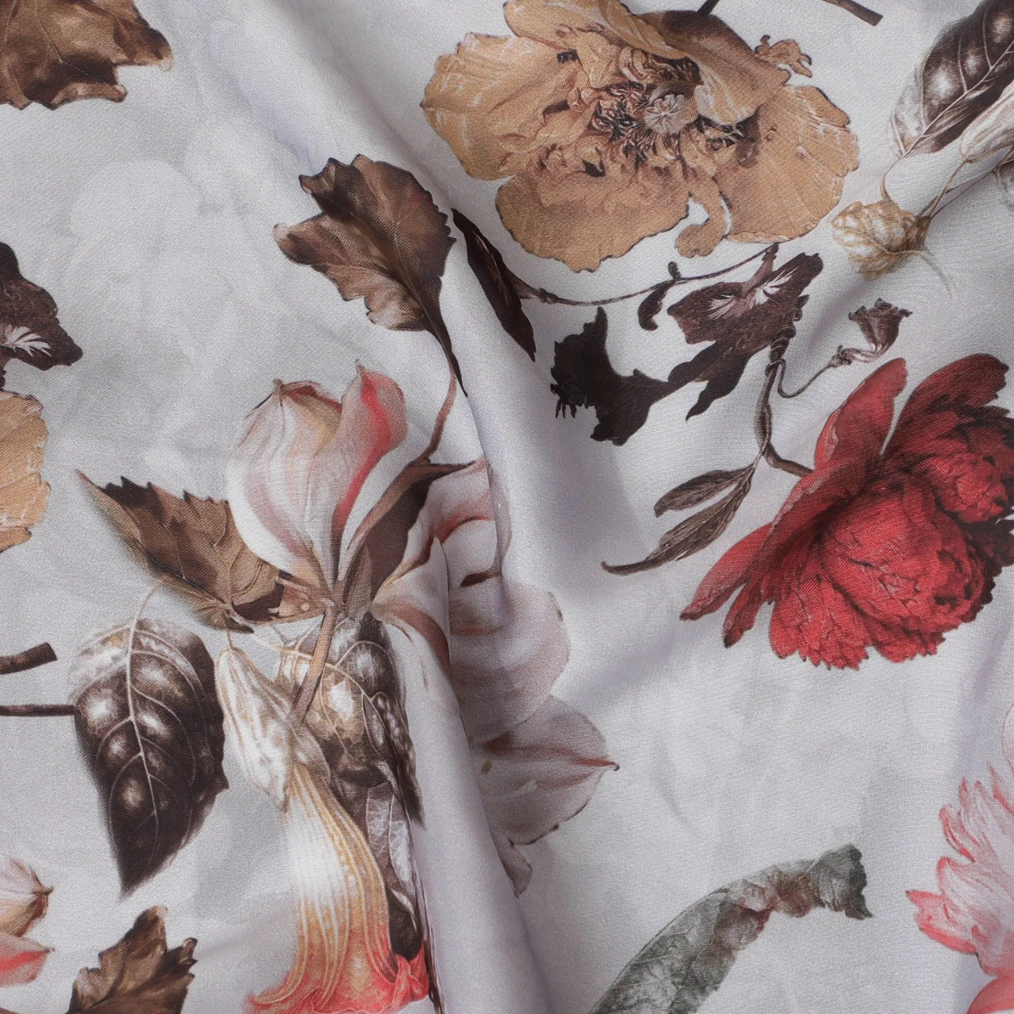 Autumn Bloom Synthetic Modal Satin Fabric - Rustic Floral Print, 110cm Wide - Buy Online in Meters-D18343