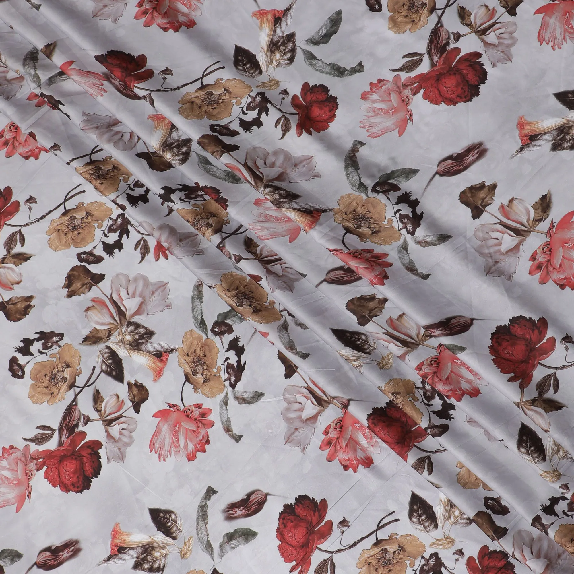 Autumn Bloom Synthetic Modal Satin Fabric - Rustic Floral Print, 110cm Wide - Buy Online in Meters-D18343