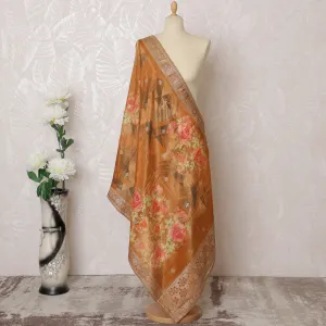 Autumn Spice Brocade Dupatta with Floral and Stripe Motifs - 225x80 cm, Made in India-D19091