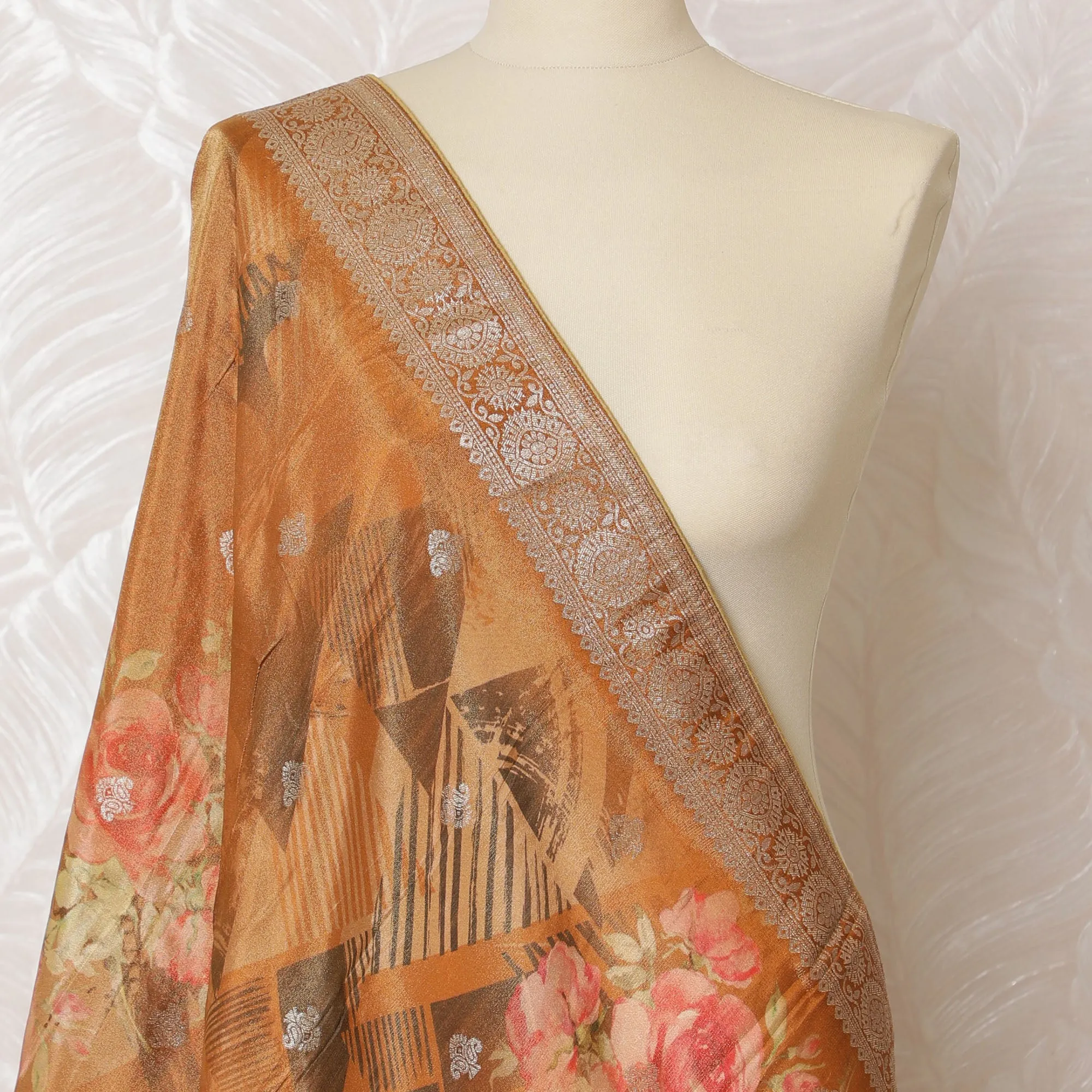 Autumn Spice Brocade Dupatta with Floral and Stripe Motifs - 225x80 cm, Made in India-D19091