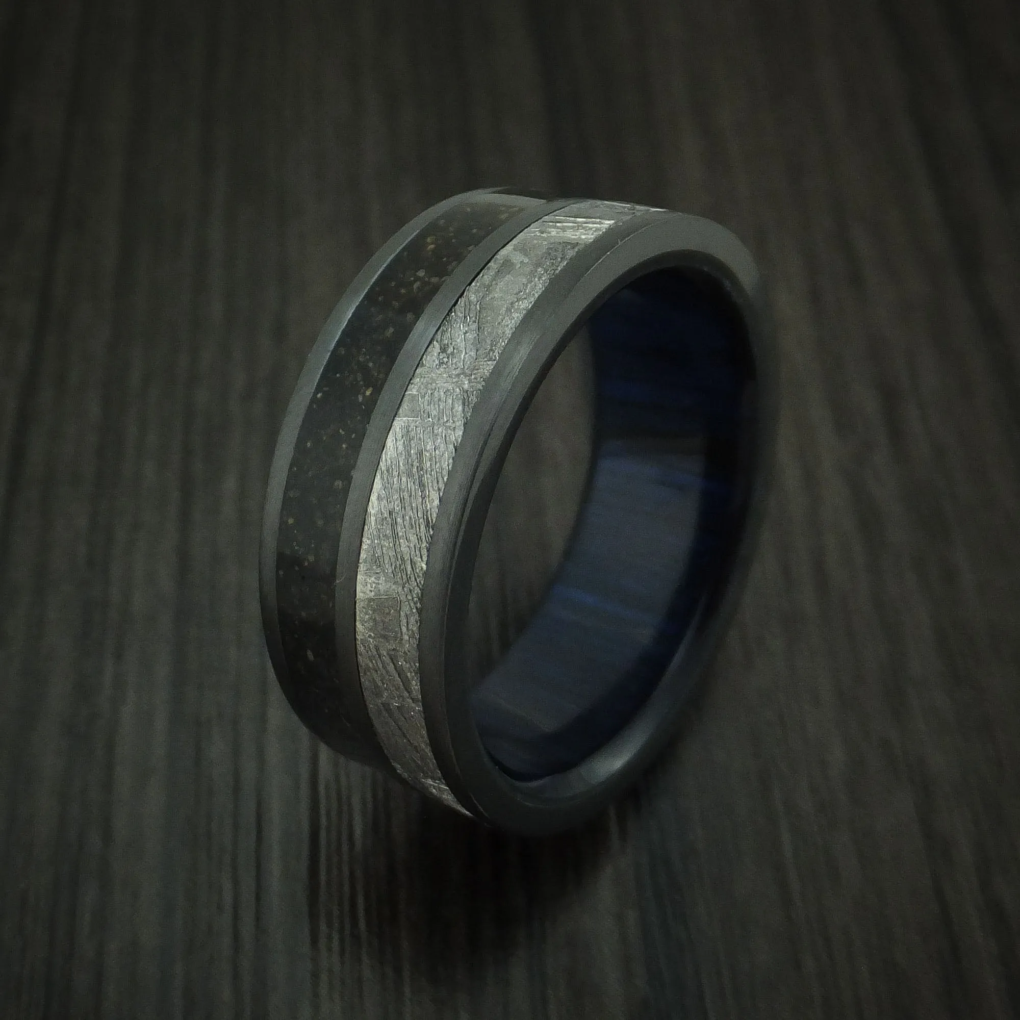 Black Titanium Dinosaur Bone and Gibeon Meteorite Men's Ring with Wood Sleeve Custom Made Fossil Band