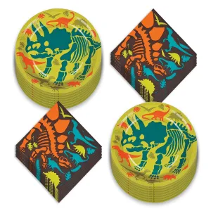 Dinosaur Party Supplies - Dino Dig Fossil Skeleton Paper Dessert Plates and Beverage Napkins (Serves 16)