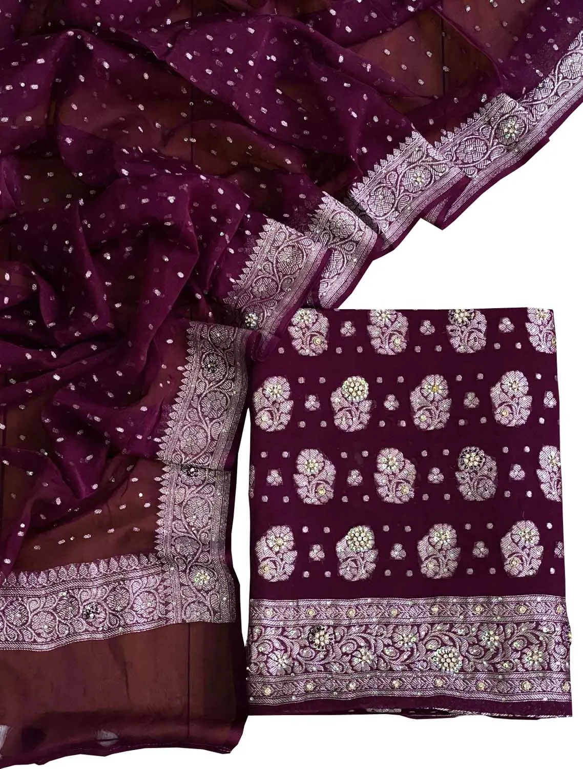 Elegant Purple Banarasi Chiffon Suit Set with Zardozi Work