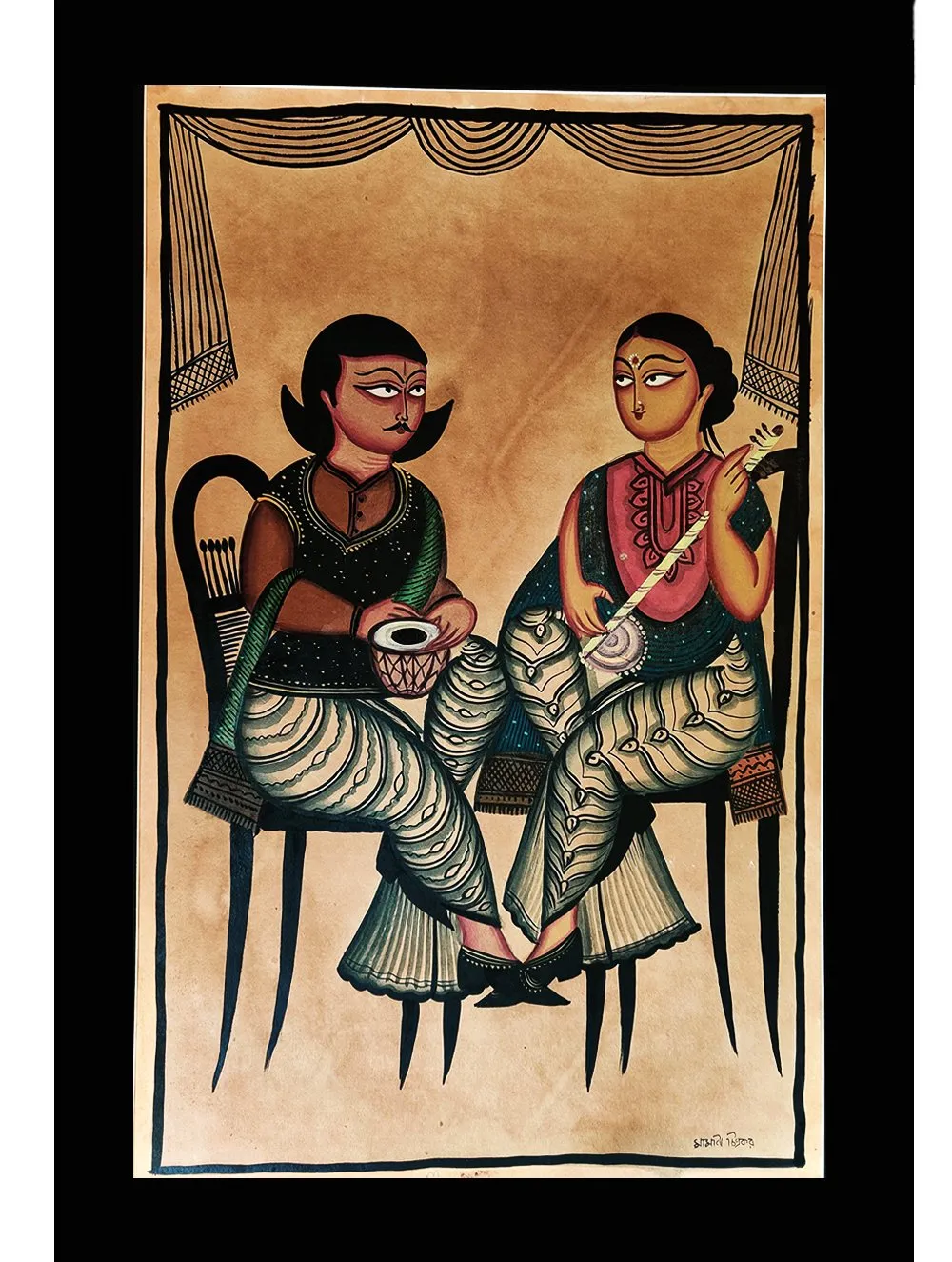 Large Kalighat Art Painting with Mount - Musician Couple (25" X 17")