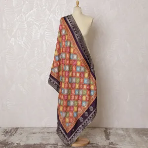 Royal Purple Synthetic Brocade Dupatta with Multicolor Geometric Patchwork and Silver Accents, 85x230 cm-D19314