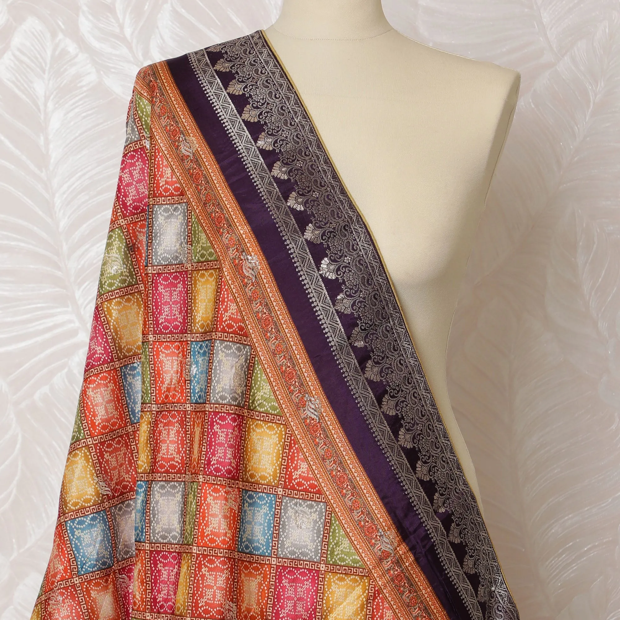 Royal Purple Synthetic Brocade Dupatta with Multicolor Geometric Patchwork and Silver Accents, 85x230 cm-D19314