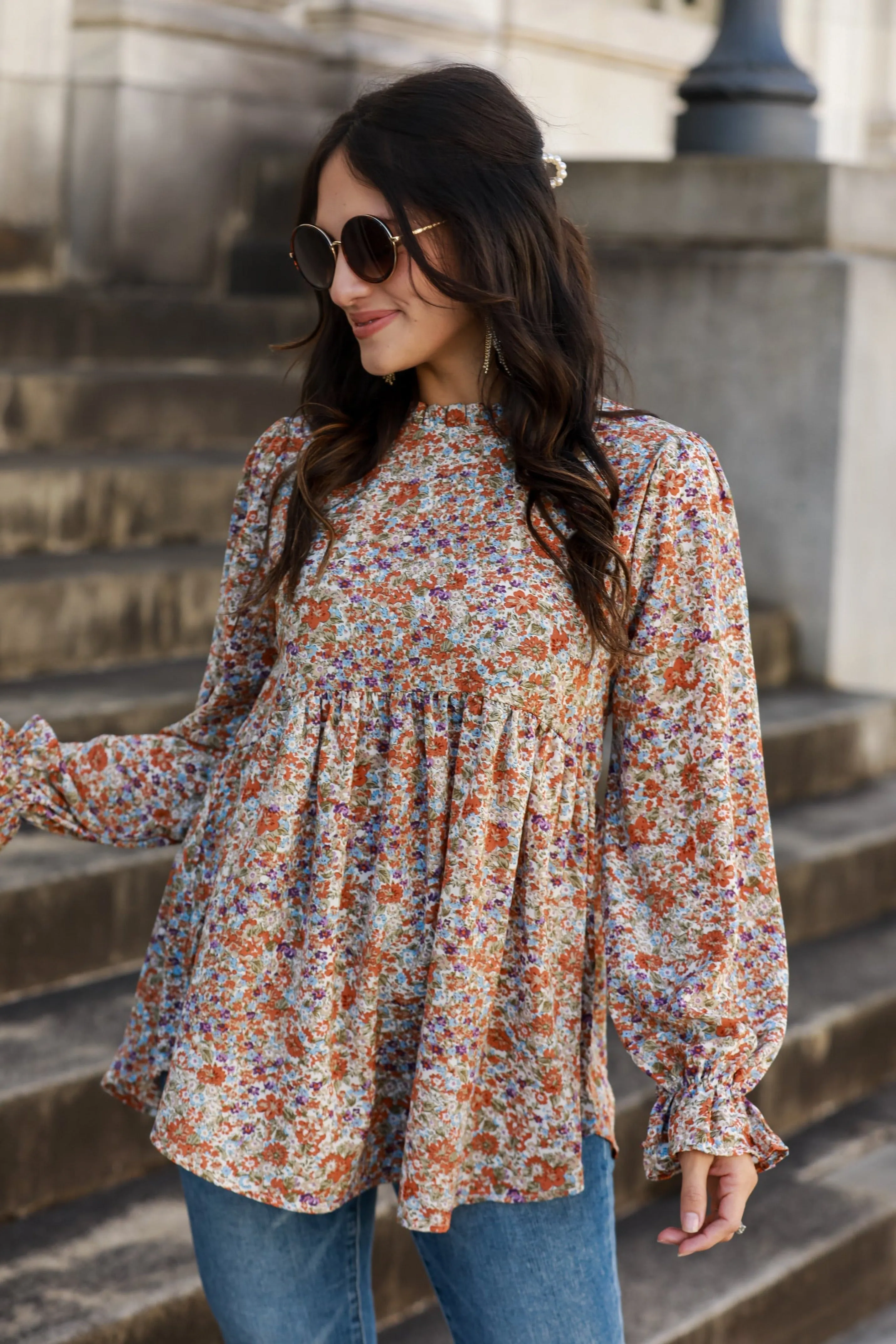 Unique Beauty Rust Floral Babydoll Blouse