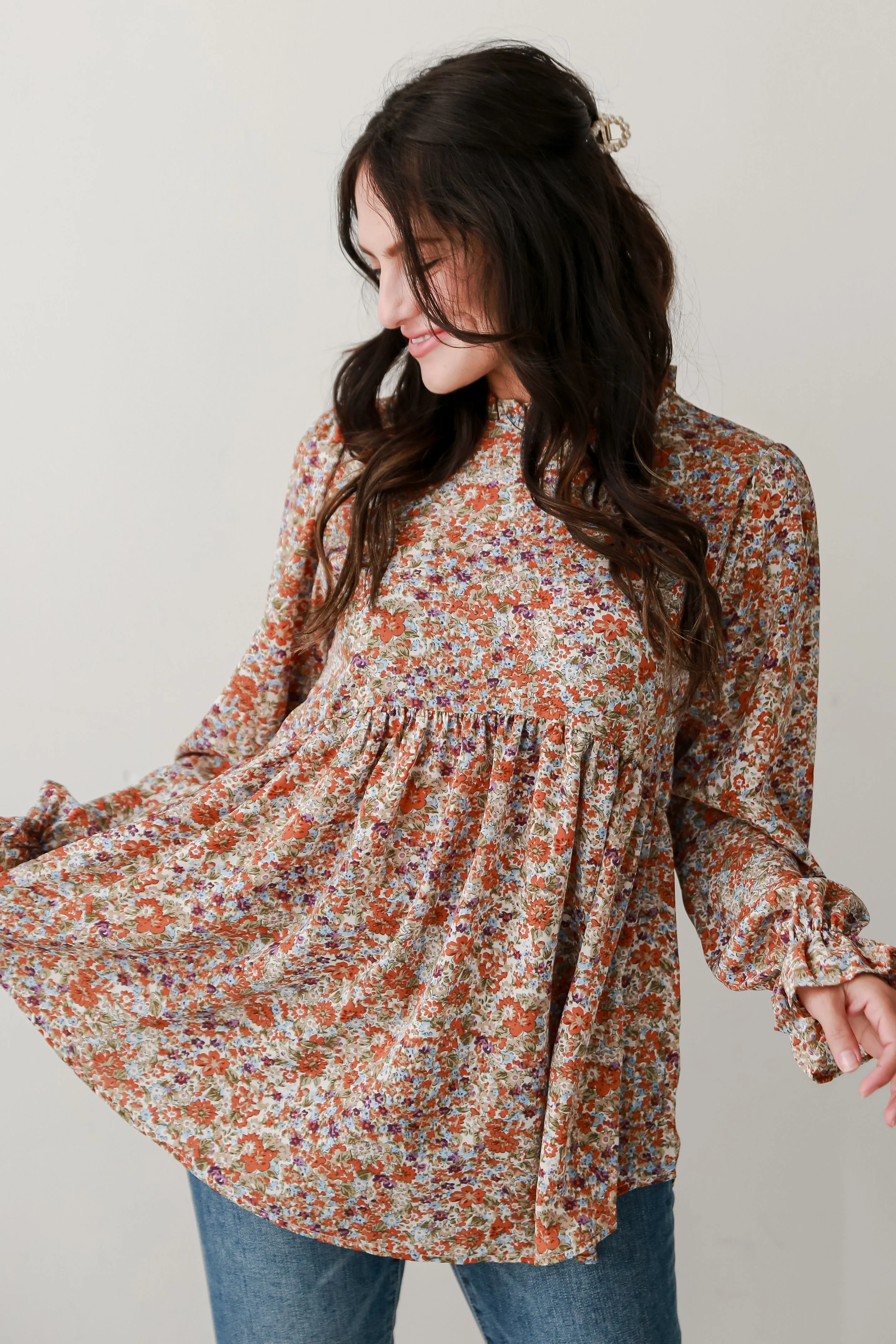 Unique Beauty Rust Floral Babydoll Blouse