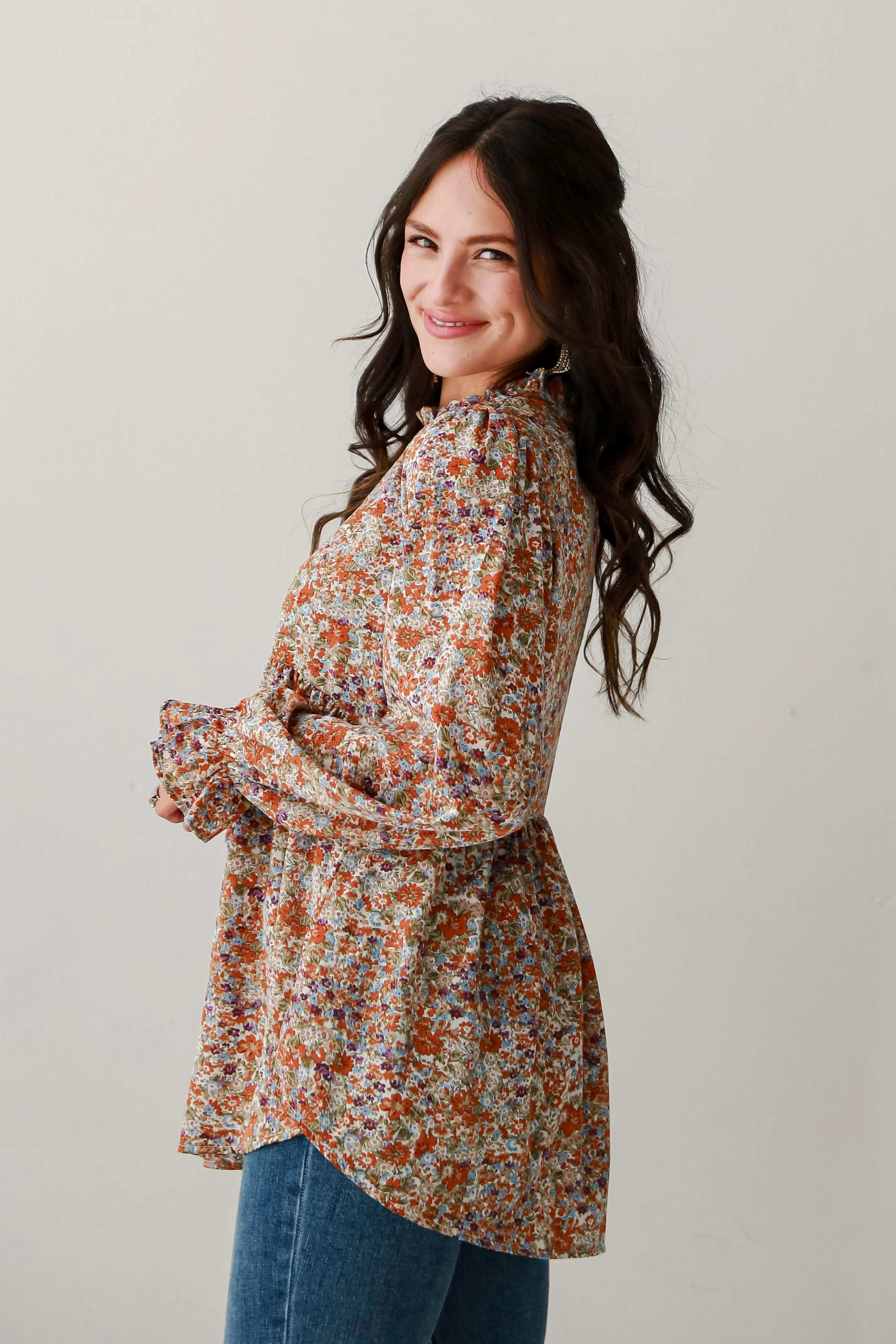 Unique Beauty Rust Floral Babydoll Blouse