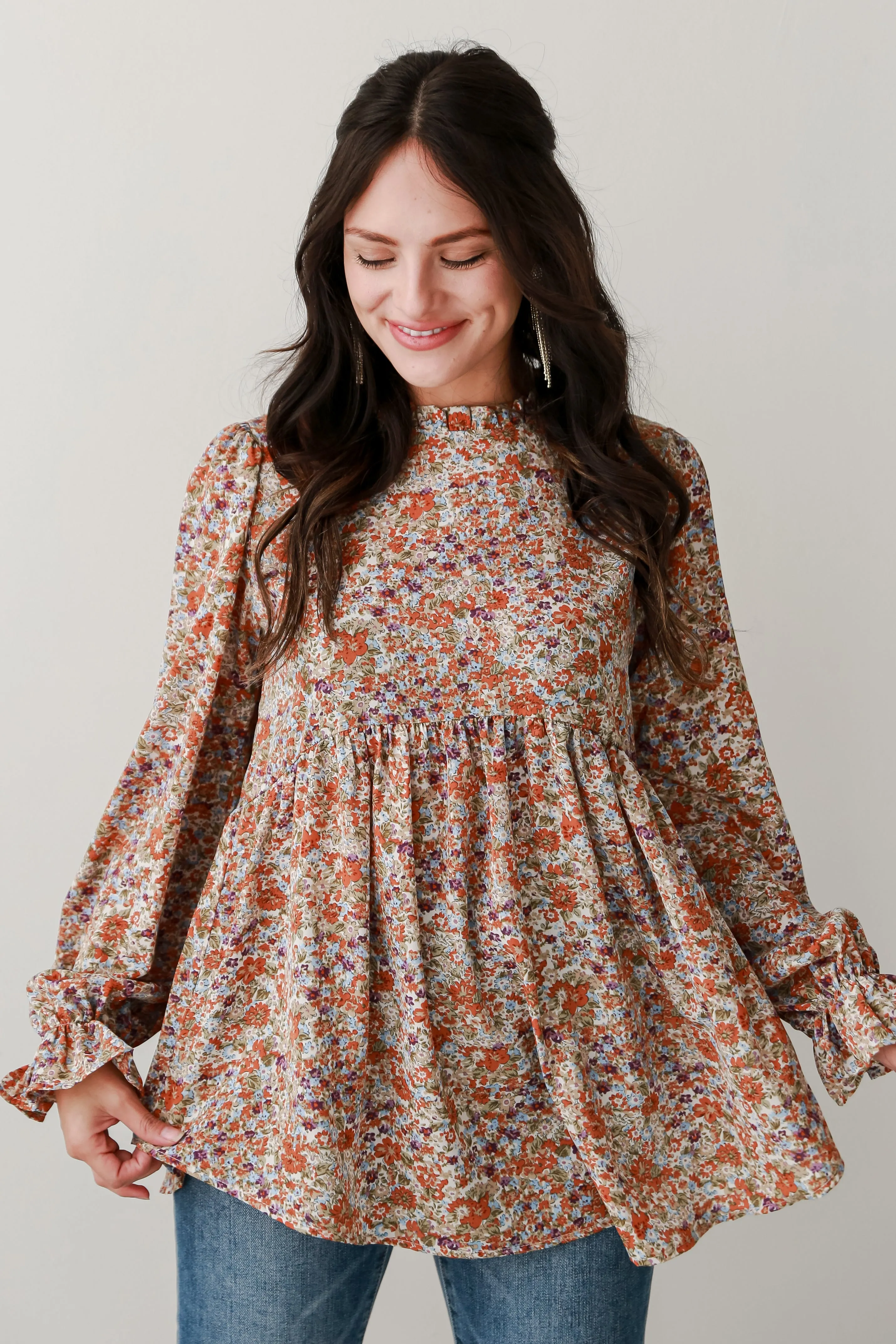 Unique Beauty Rust Floral Babydoll Blouse