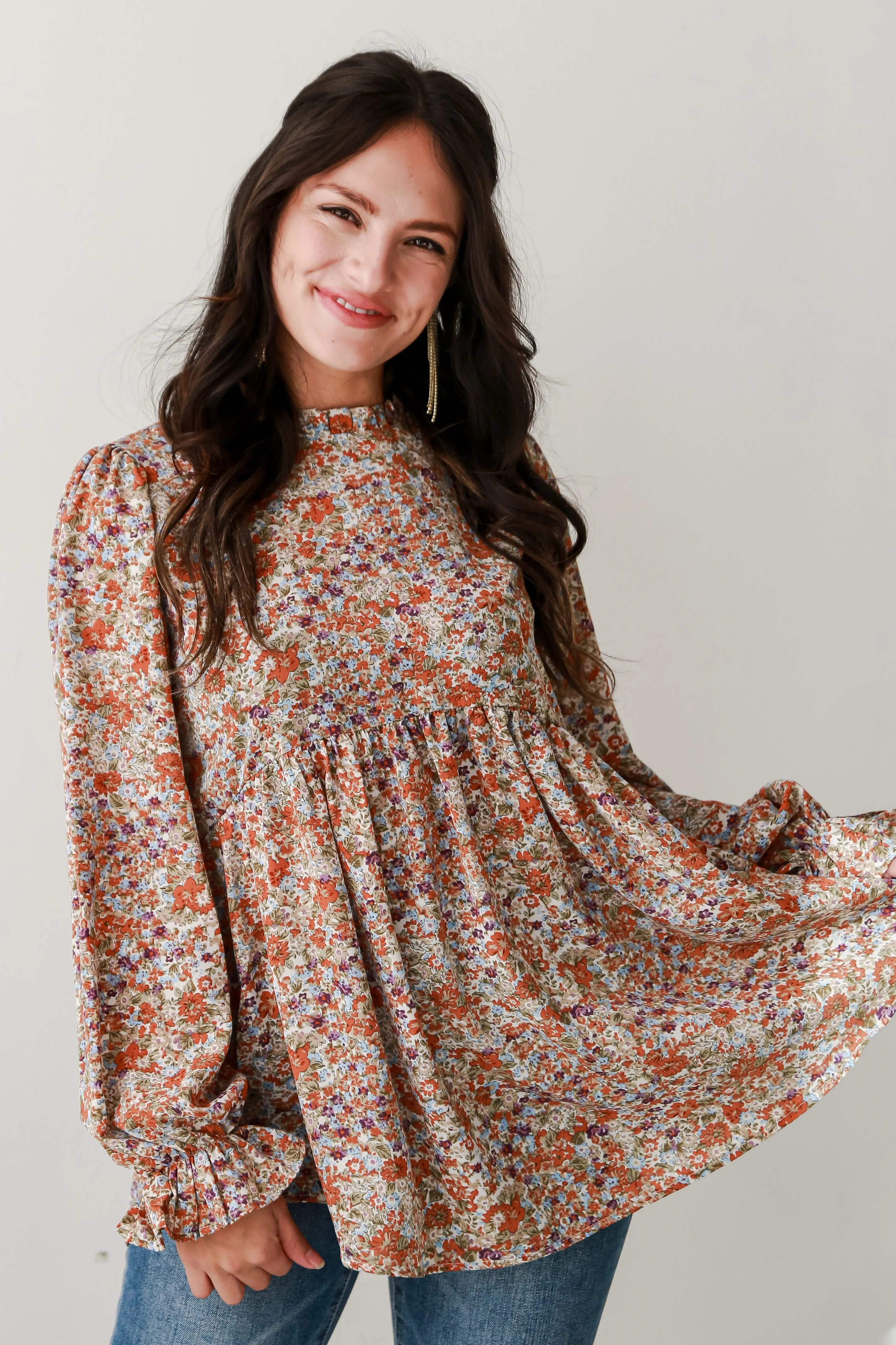 Unique Beauty Rust Floral Babydoll Blouse