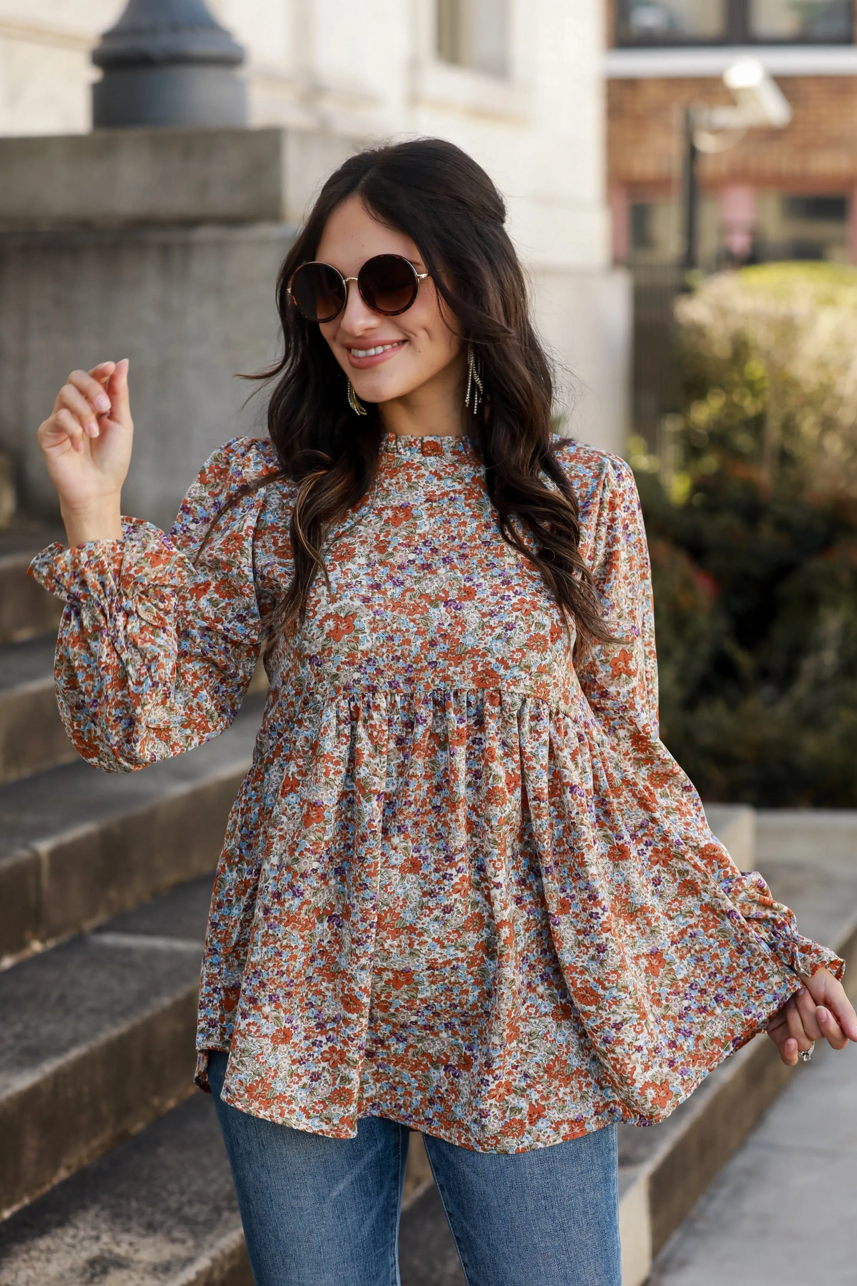 Unique Beauty Rust Floral Babydoll Blouse