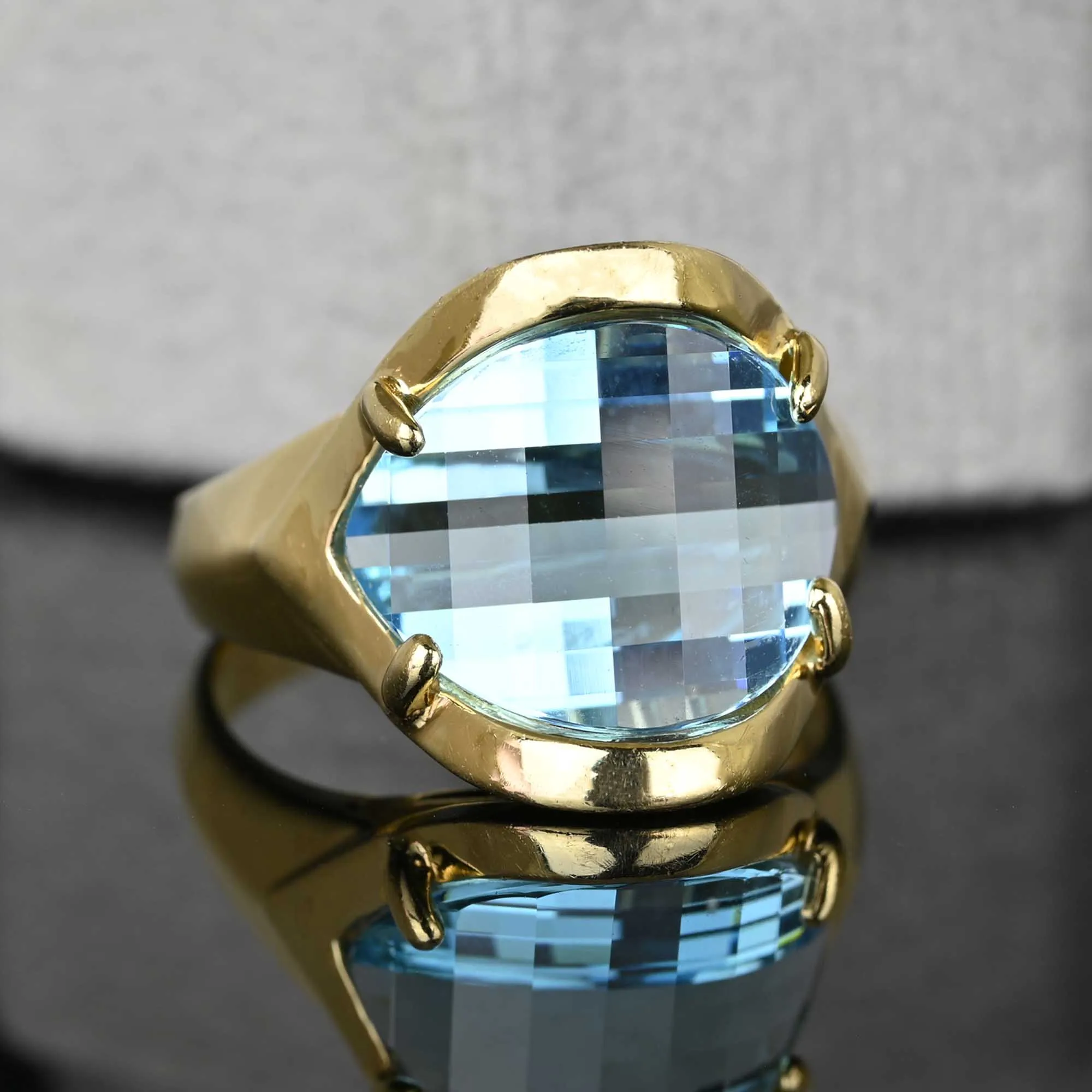 Vintage Checkerboard Blue Topaz Ring in 14K Gold