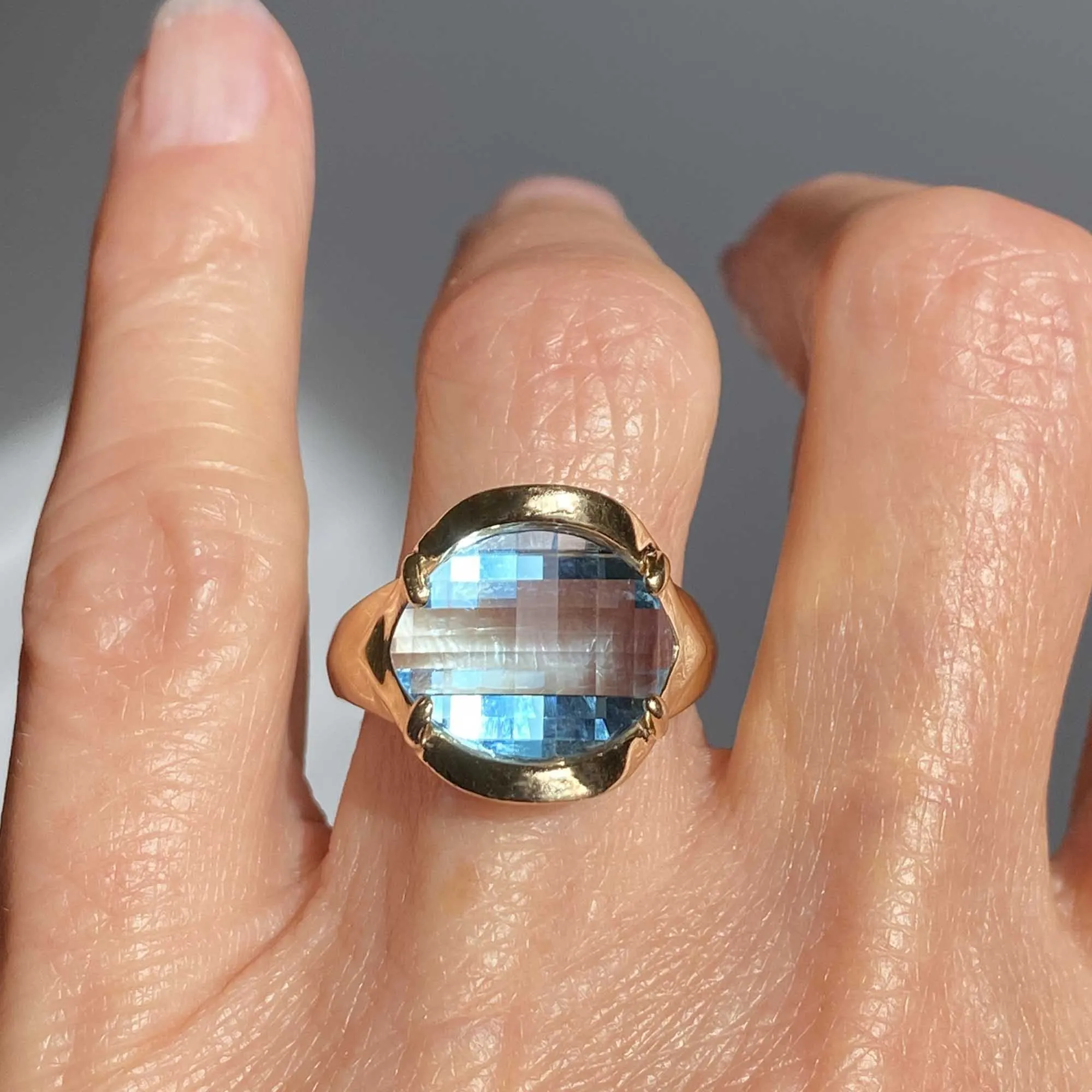 Vintage Checkerboard Blue Topaz Ring in 14K Gold