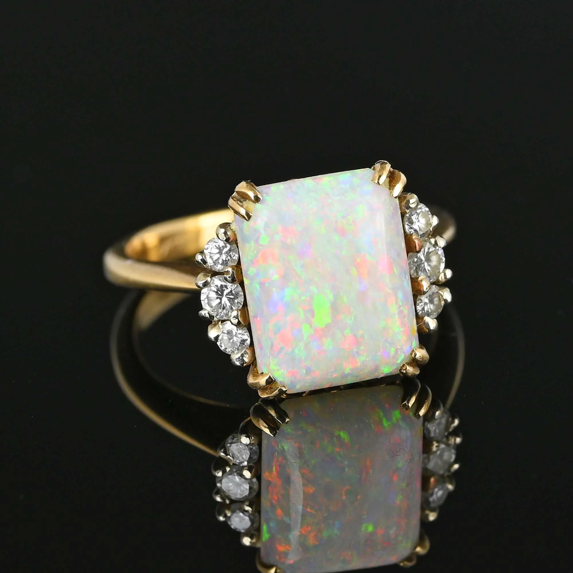 Vintage Diamond Cushion Cut Opal Ring in 14K Gold