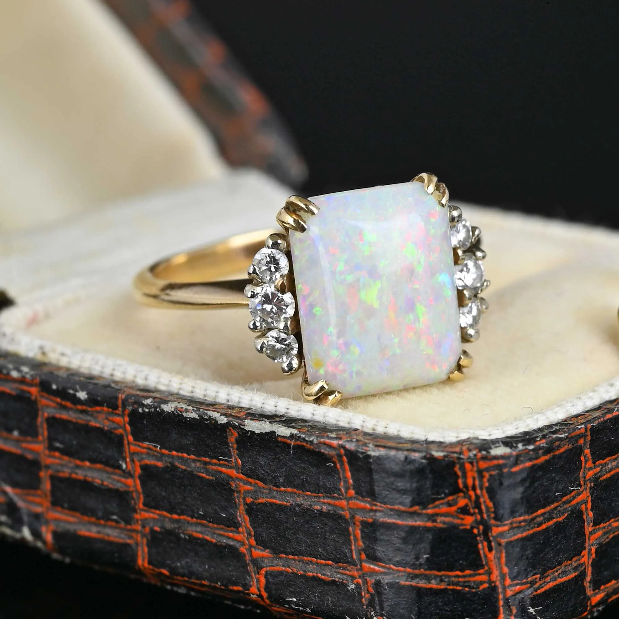 Vintage Diamond Cushion Cut Opal Ring in 14K Gold