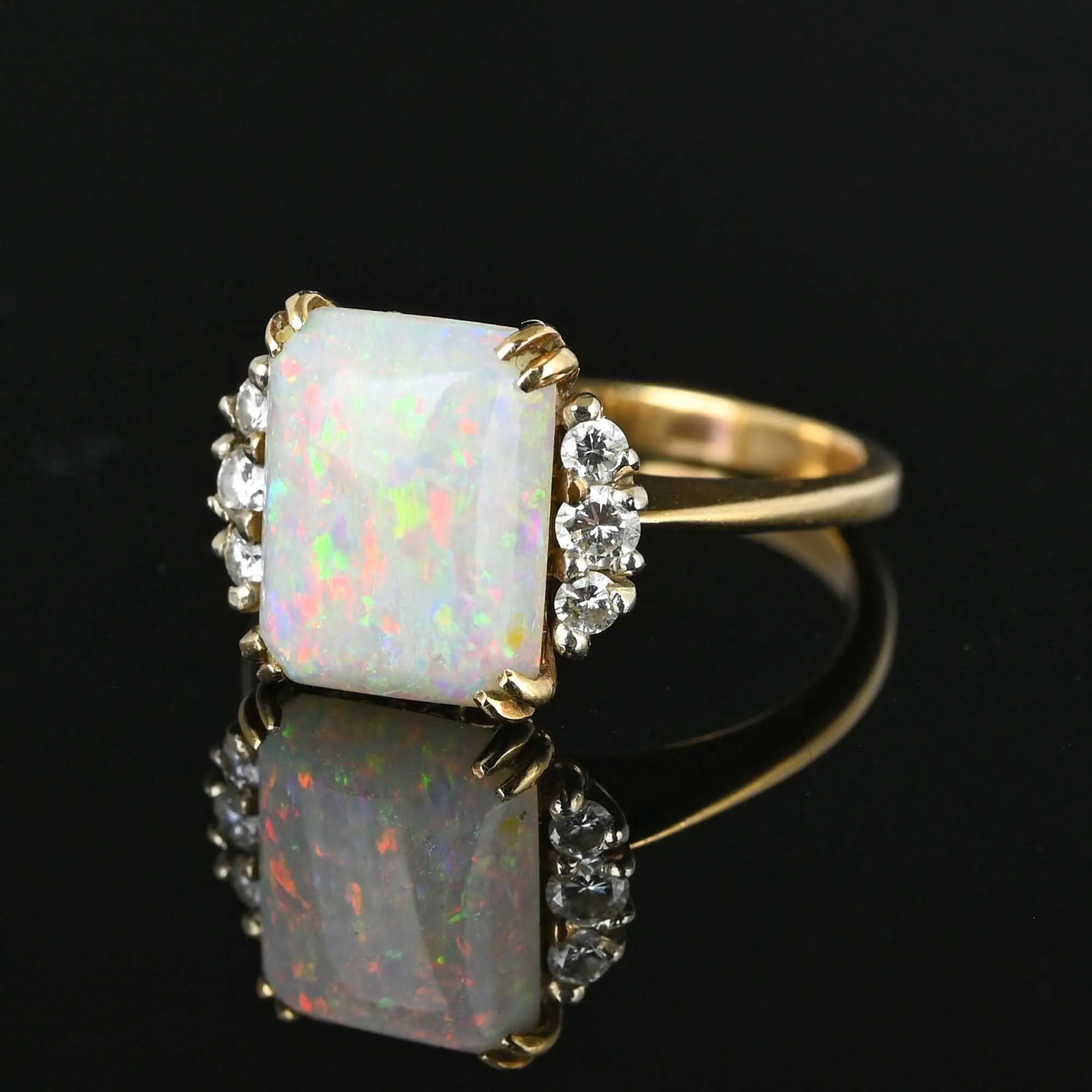 Vintage Diamond Cushion Cut Opal Ring in 14K Gold