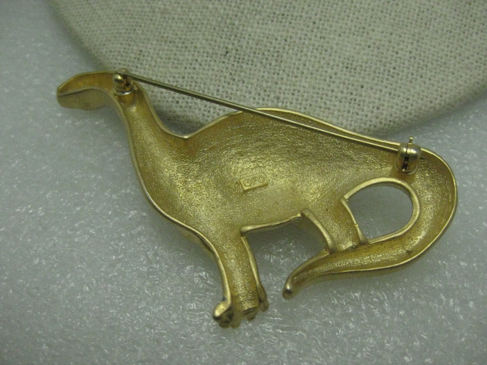 Vintage Gold Tone Dinosaur Brooch, signed PO, Brachiosaurus like Dino from the Flintstones or